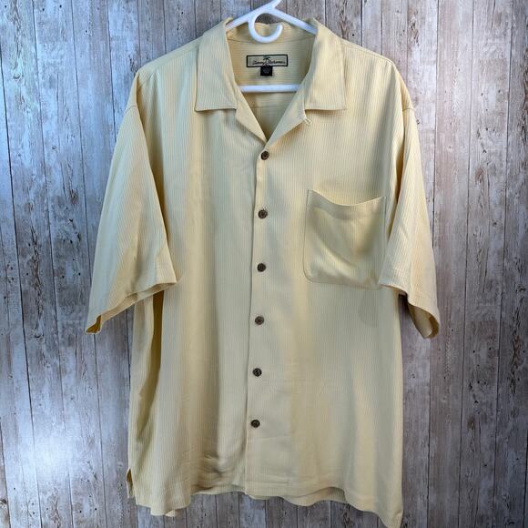 Tommy Bahama Silk Button Up Shirt Mens‎ L Yellow Striped Texture Summer Beach - Picture 1 of 6